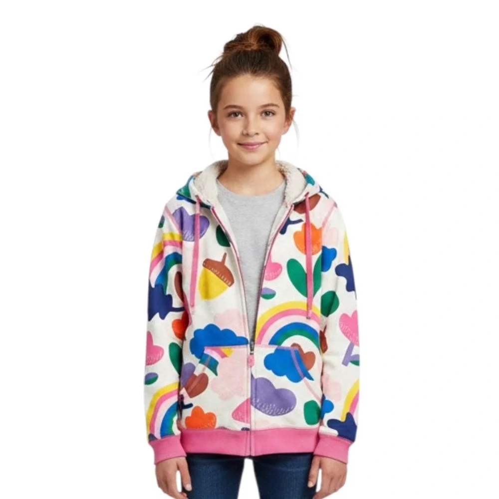 NWT Mini Boden SHAGGY LINED ZIP-UP HOODIE JACKET Rainbow/Flowers/Acorns 13-14 Y